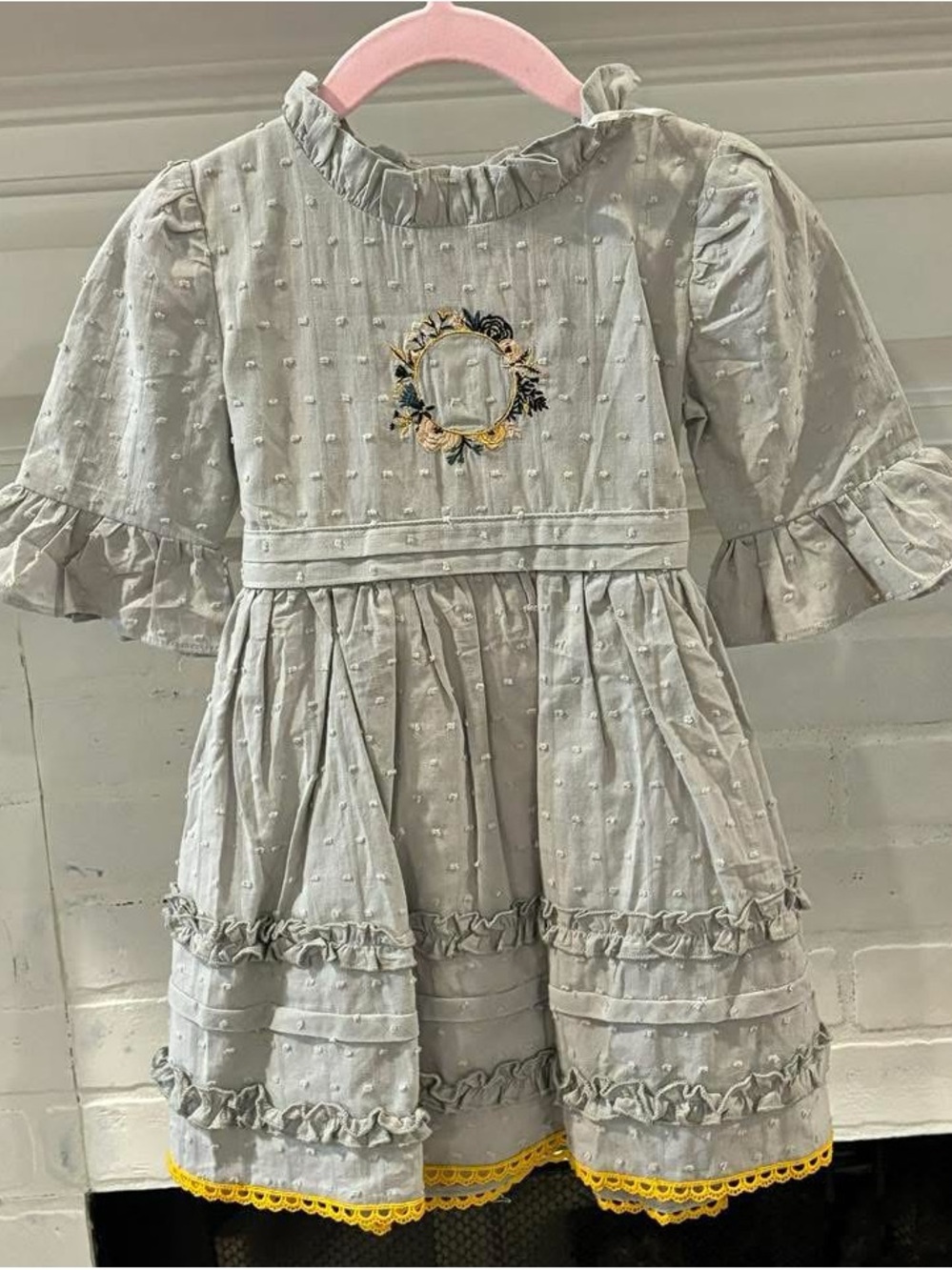 Girls' Light Gray Swiss Dot Dress with Yellow Trim